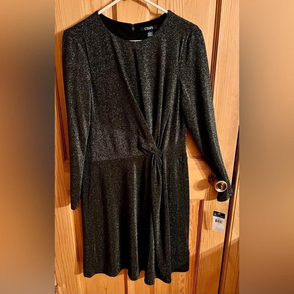 CHAPS NWT Size 12 Black Silver Shimmer Metallic Twist Front Midi Dress Evening